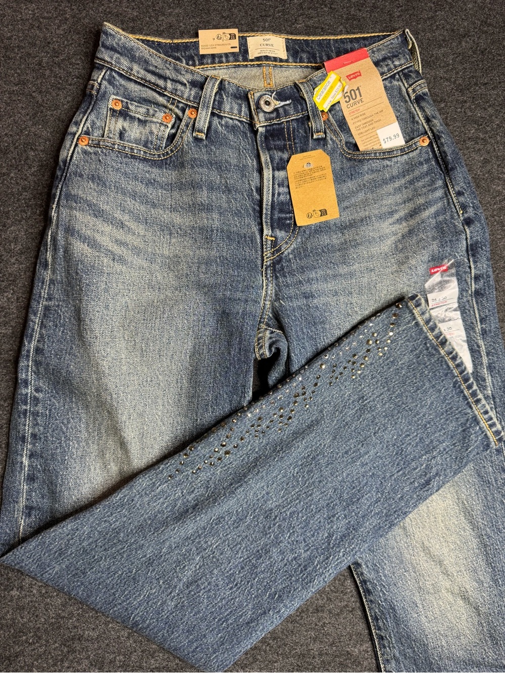 New Levi's 26x30 women Straight Leg Jeans with rhinestone Studded Hem